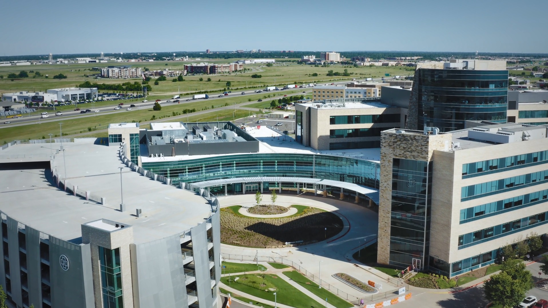 Aerial view of the new Norman Regional Hospital showing the main entrance.